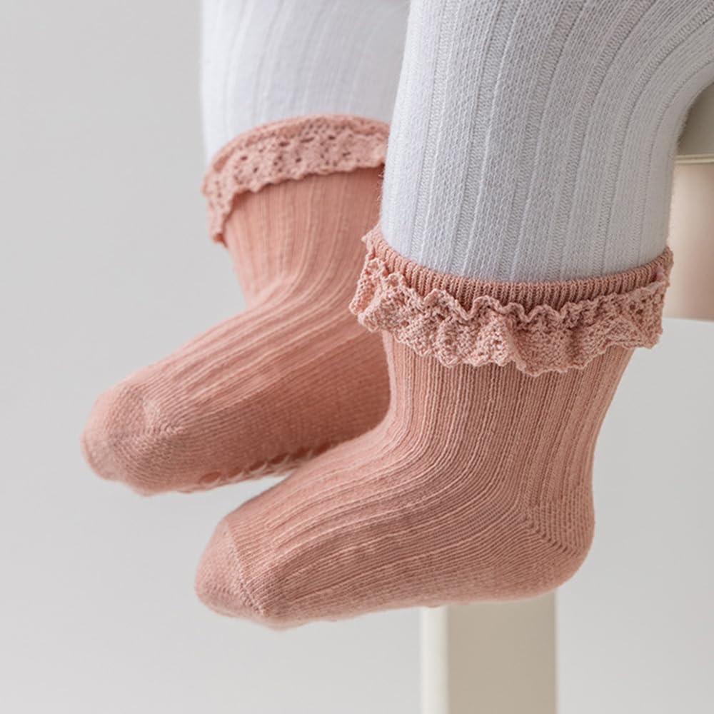 AQOKKA Baby Girl Toddlers Socks with Non-slip Grip Cute Frilly Ruffle Ankle Soft Cotton Newborn Baby Socks for Infant Kids - Image 7