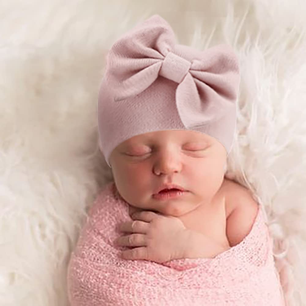 AQOKKA Newborn Baby Girl Hats with Bow Cotton Toddler Infant Beanie Cap Newborn Hospital Hats for Baby Girl Kid 0-24 Months - Image 3