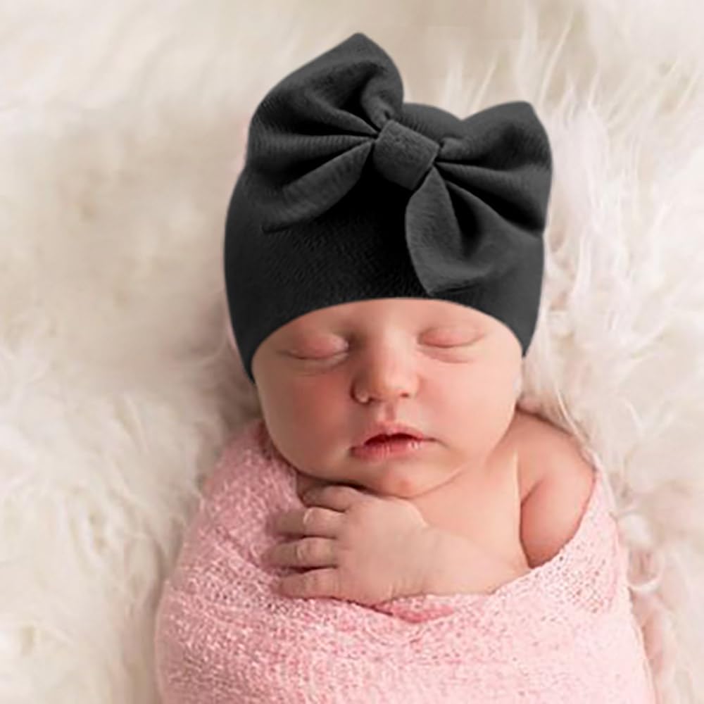 AQOKKA Newborn Baby Girl Hats with Bow Cotton Toddler Infant Beanie Cap Newborn Hospital Hats for Baby Girl Kid 0-24 Months - Image 3