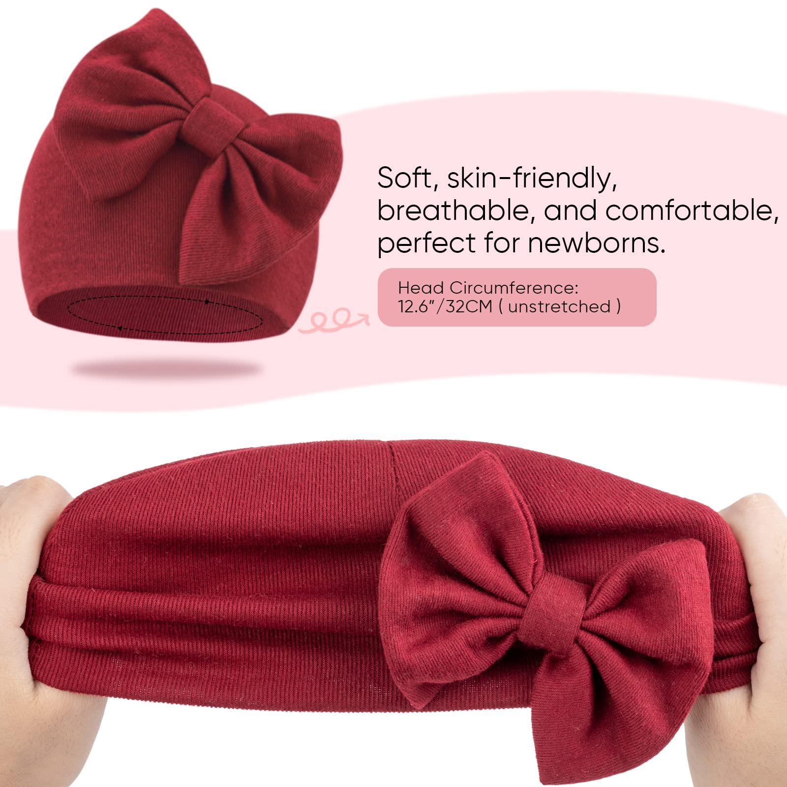 AQOKKA Newborn Baby Girl Hats with Bow Cotton Toddler Infant Beanie Cap Newborn Hospital Hats for Baby Girl Kid 0-24 Months - Image 7
