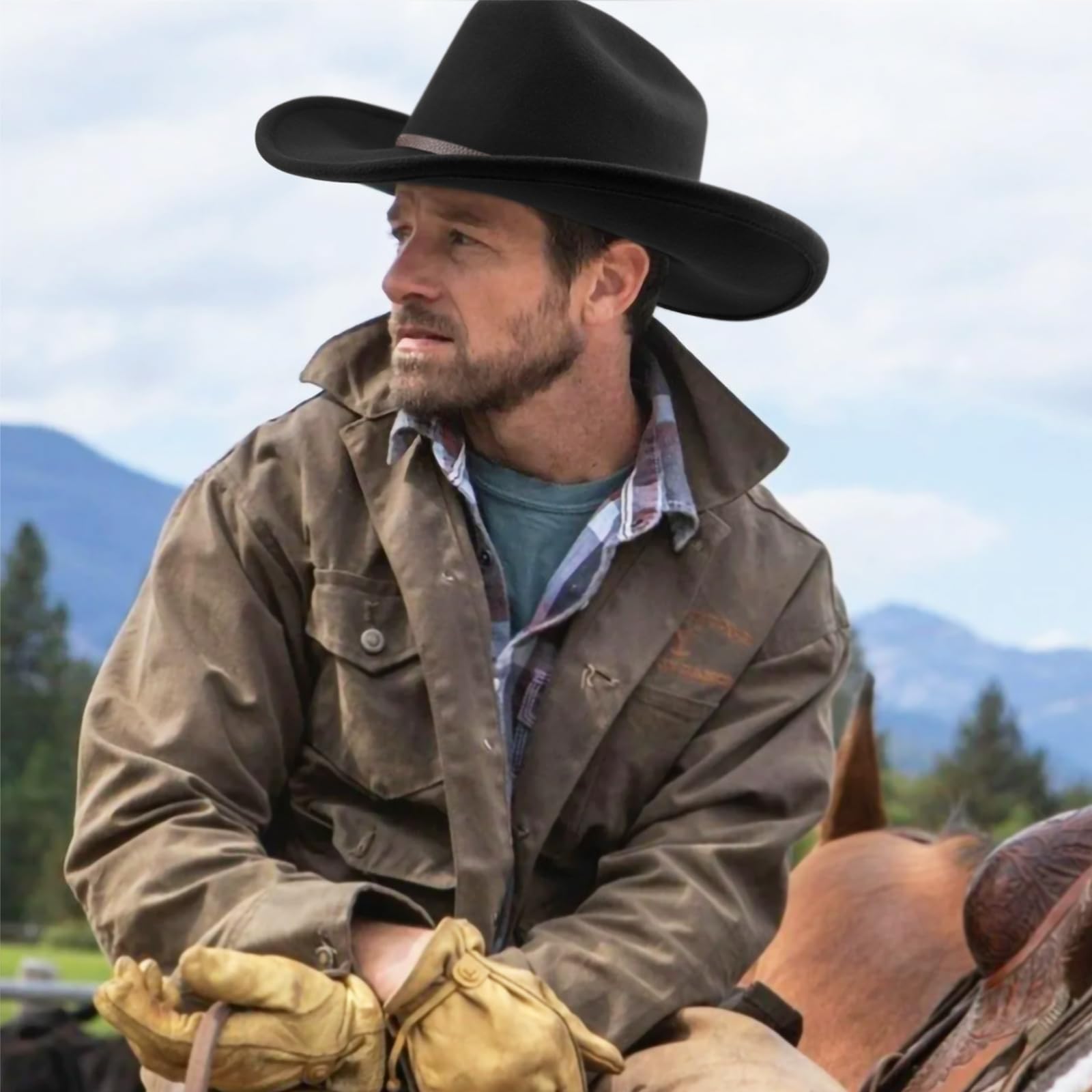 AQOKKA Western Cowboy Hats for Women Classic Felt Wide Brim Fedora Hat with Belt Buckle Retro Panama Hat Unisex Rolled up Cap - Image 6