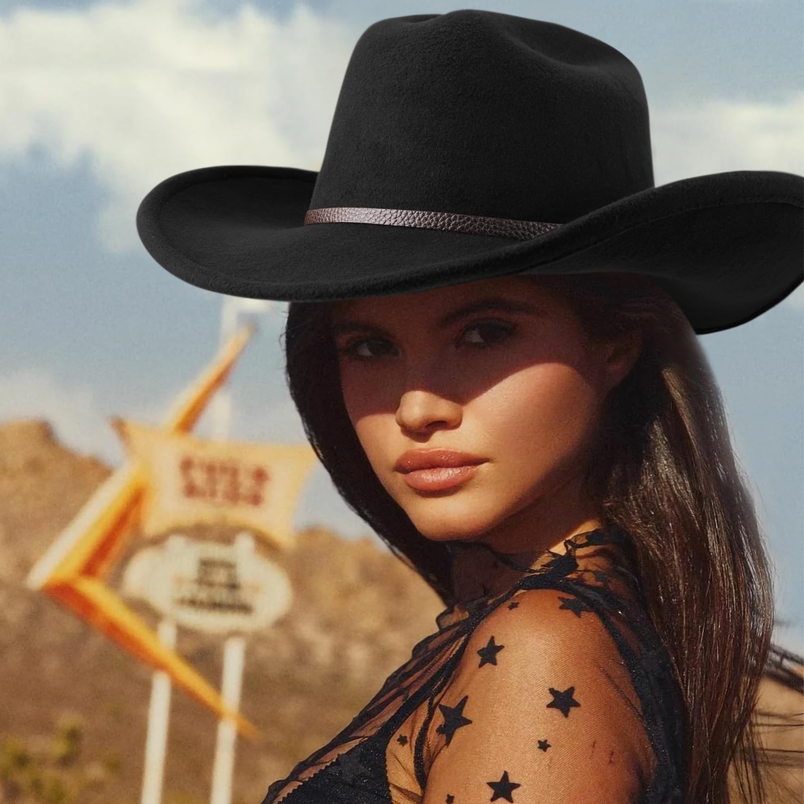 AQOKKA Western Cowboy Hats for Women Classic Felt Wide Brim Fedora Hat with Belt Buckle Retro Panama Hat Unisex Rolled up Cap - Image 7