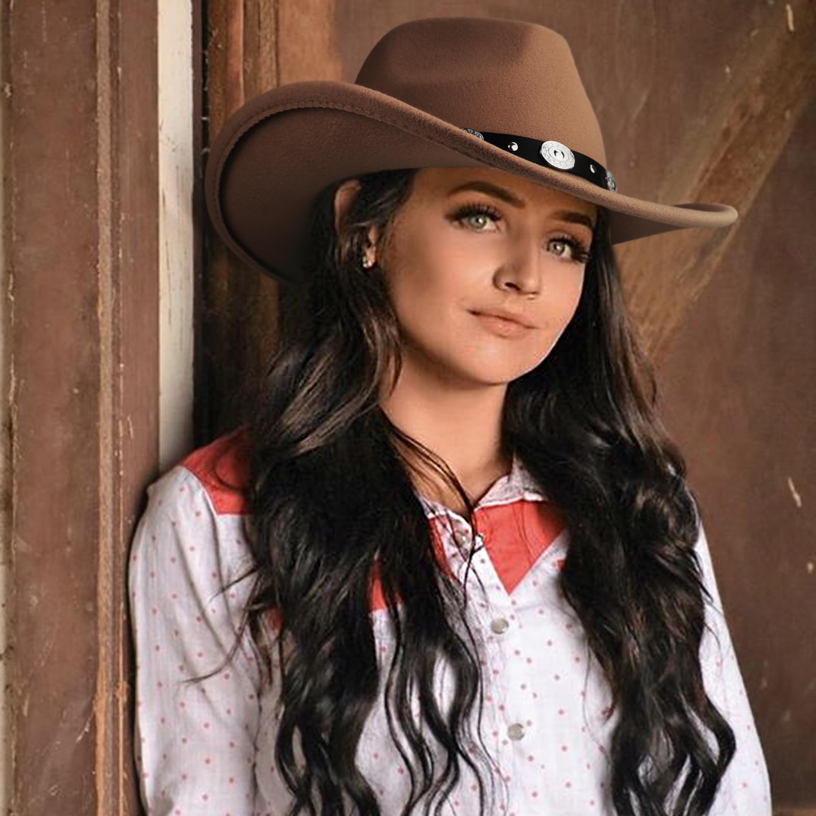 Western Cowboy Hats for Women Classic Felt Wide Brim Fedora Hat with Belt Buckle Retro Panama Hat Unisex Rolled up Cap - Image 7