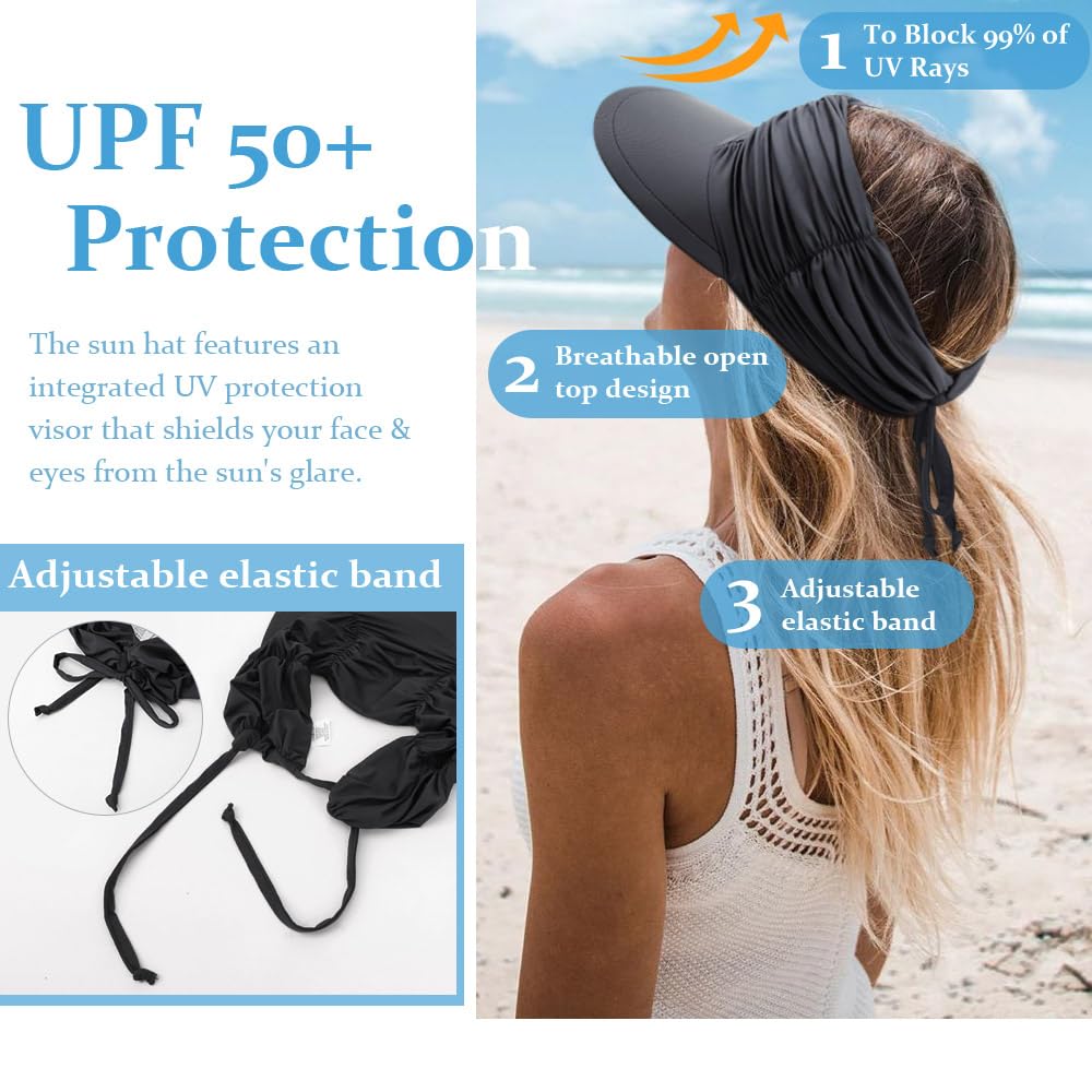 Women Visor Sun Hat Adjustable Foldable Wide Brim Sun Hats Summer UPF 50+ UV Protection Visor Cap for Outdoor Beach - Image 3